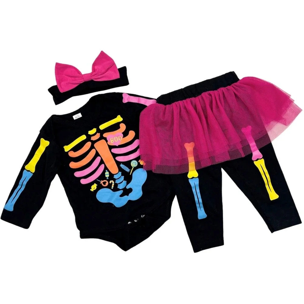 Baby‎ Girl 6 9 12 Mos Halloween Skeleton Outfit Tulle Pink Skirt Black Candy Bow
